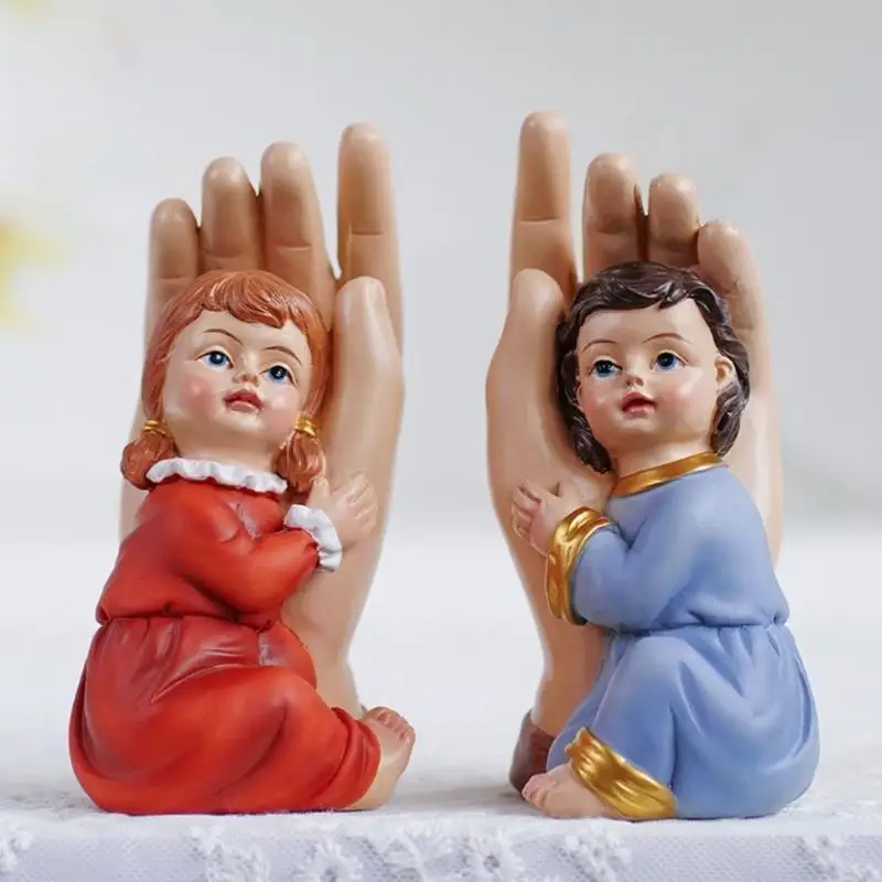 Classical Boy and Girl In Hand Sculptures Resins Children Figurines Set Christian and Religious Setting Home Decoration