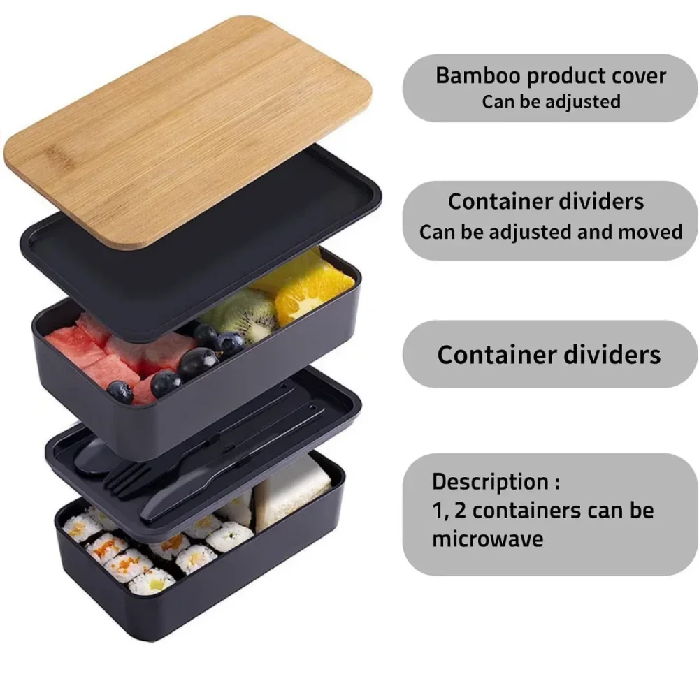Adult Bento Lunch Box, 2-Tier Food Storage Container Set with Cutlery for Kids/children, Crisper Microwave and Dishwasher Safe - 2
