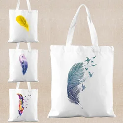 Feather Print Shopping Bags Women Tote Bags Fashion Canvas Shoulder Bag Eco Reusable Hand Bag Travel Shopper Sundries Cloth Bags