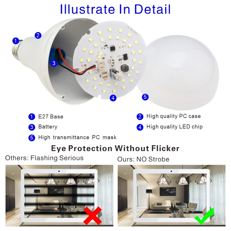 1200mAh LED 충전식 전구 7w 9w 12w 15w 85-265V 가정용 정전 비상등 캠핑 텐트 현관 정원등