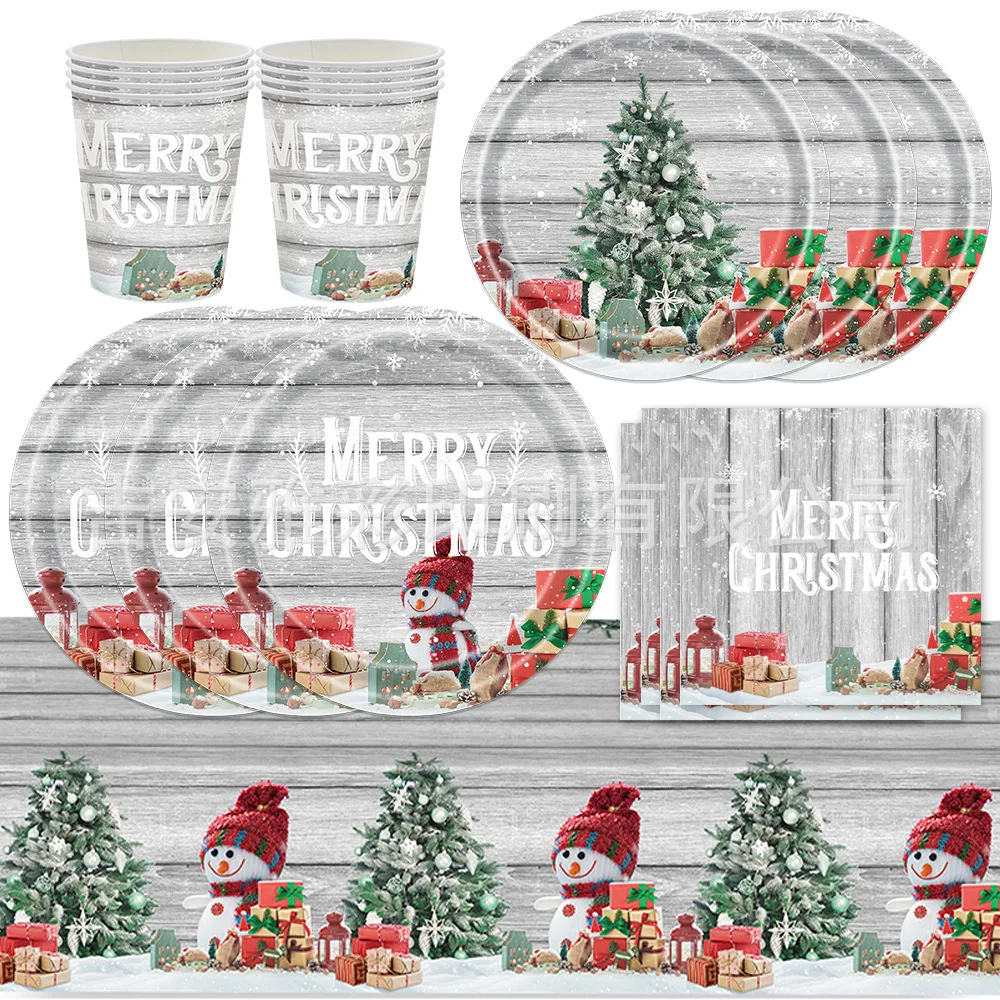 

Merry Christmas Snowman Wood Grain Disposable Tableware Snowflake Girl Christmas Birthday Baby Shower Party Decor