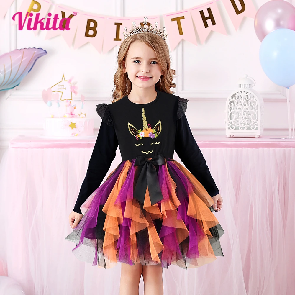 VIKITA 소녀 호박 마녀 박쥐 레이어드 메쉬 얇은 명주 그물 공주 드레스, 어린이 코스프레 축제 할로윈 의상