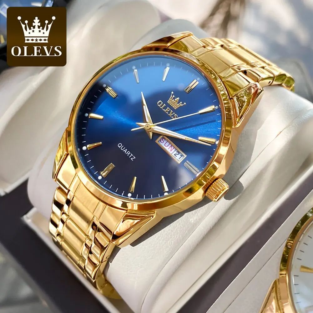 OLEVS-Montres-bracelets classiques en or pour hommes, montre-bracelet à quartz étanche, acier inoxydable Shoous, marque supérieure, date d'affaires de luxe