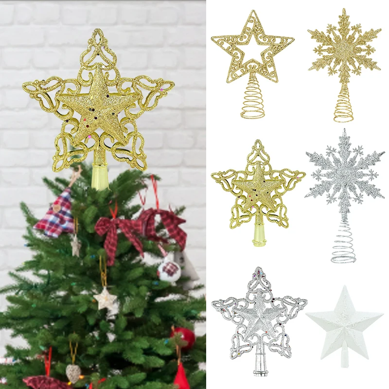 Christmas Tree Top Star Iron Art Glitter Hollow Star Gold And Silver Pentagram Snowflake Ornaments Xmas Tree Topper Decor Supply christmas tree decoration christmas star decoration