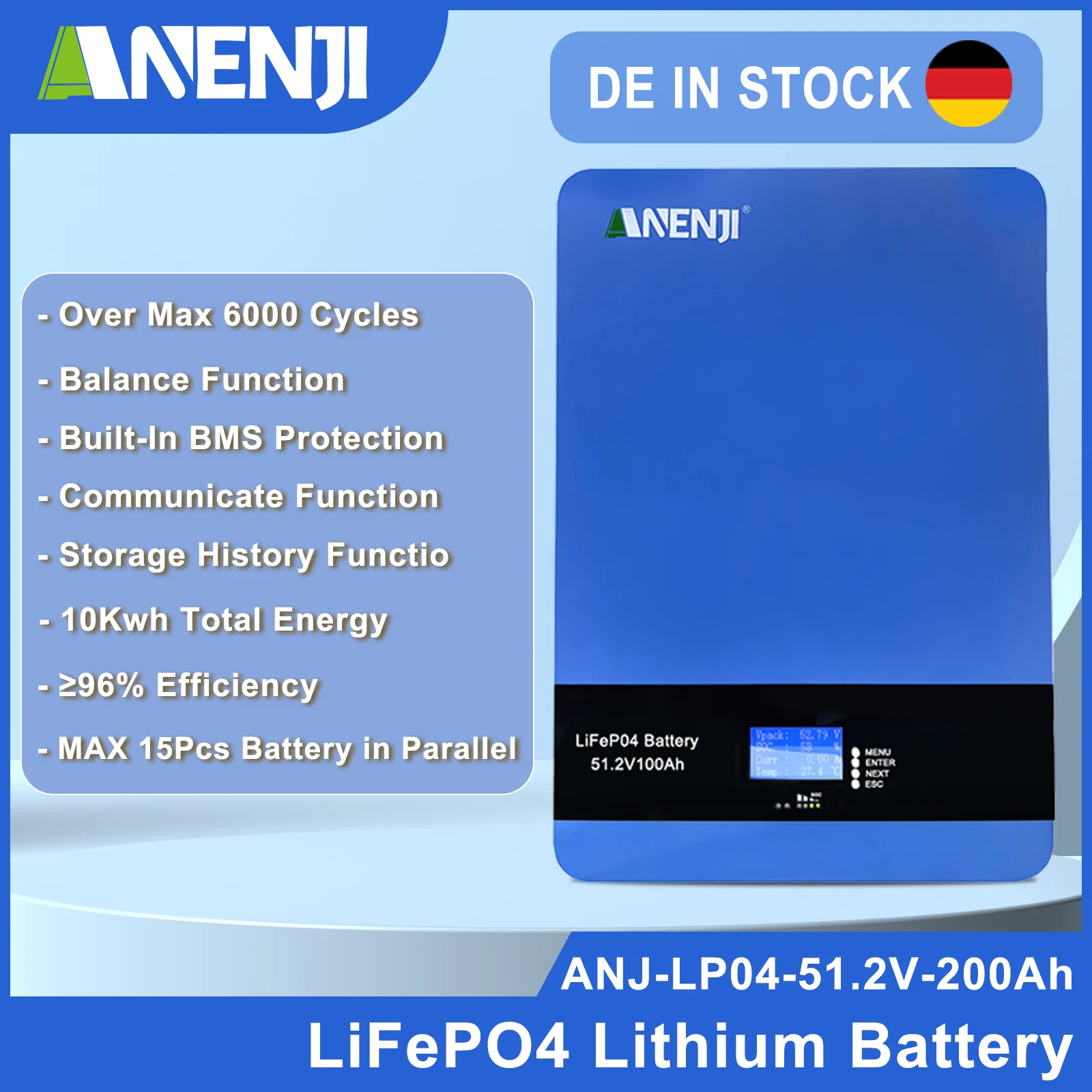 48V Powerwall 51.2V 200Ah Lifepo4 Batteria 16 Parallelo 6000 + Ciclo Can Rs485 Bms Integrato 10Kwh Per Pannelli Solari Fotovoltaici Off/On Grid