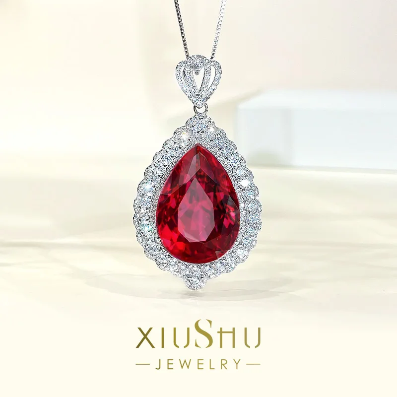 

Heavy Industry Luxury Dove Blood Red Pendant Necklace with Large Water Drop Pear Exaggerated 925 Silver Inlaid Wedding