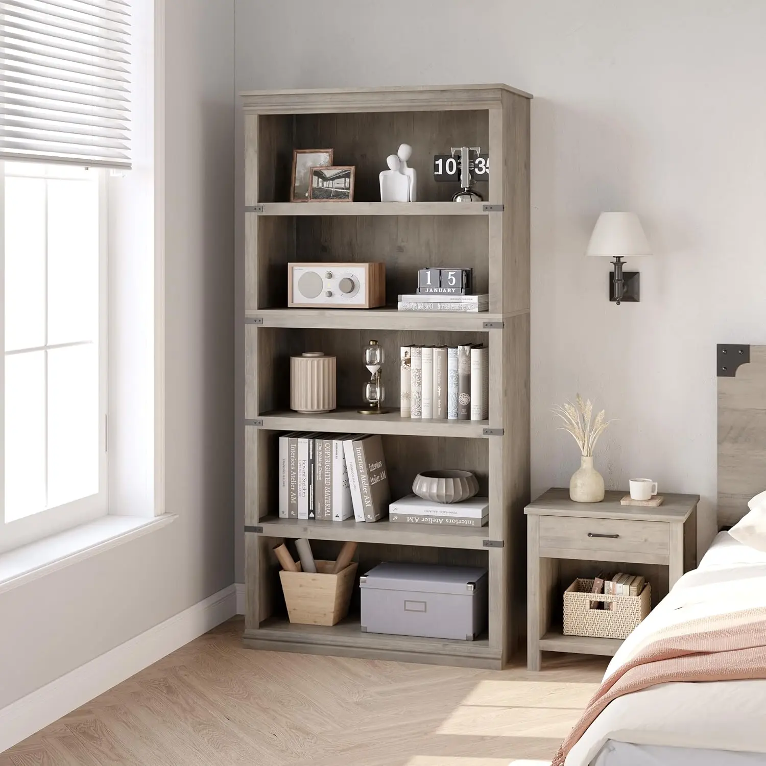 New 5 Tier Bookcase, Farmhouse Book Shelf with Storage, 71" Tall Book Case Wooden 5 Shelf Bookcase for Home Office, Living Room 5