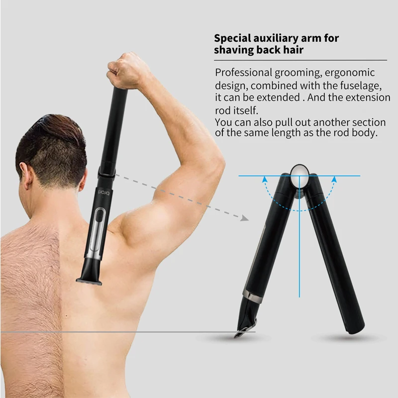 5 in 1 Kit Rechargeable Men's Shaving Set Back Razor Shaver Groomer Foldable Telescopic Rod Nose Hair Trimmer Back Shaver Handle