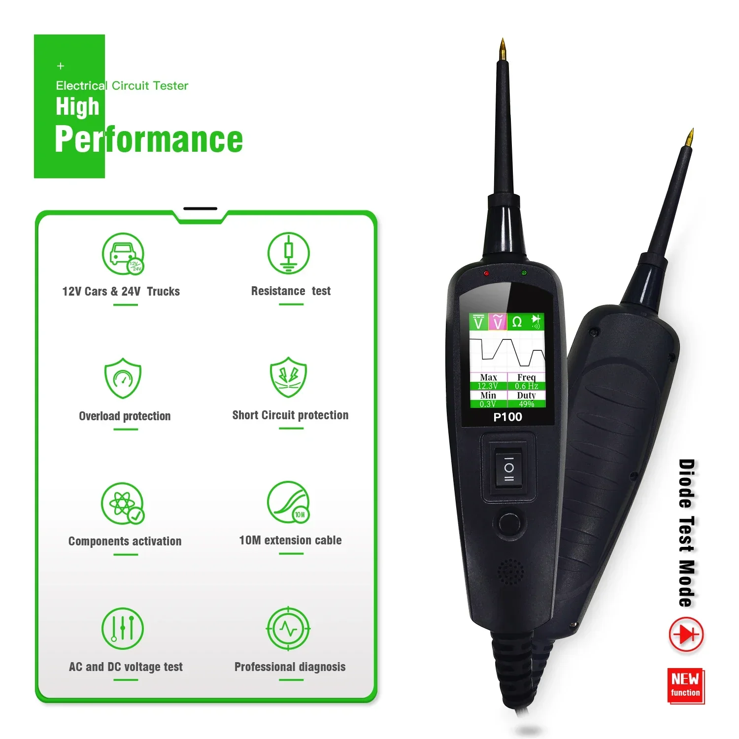 TopDiag P100 자동차 전기 회로 테스터, 자동차 전원 스캔 프로브 회로 키트, 12V 24V 배터리 테스터, 2m, 신제품