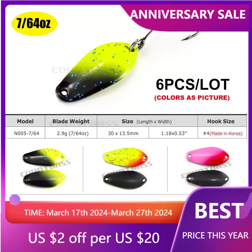 

6PCS COUNTBASS Casting Trout Spoon With Korean Single Hook, Size 30x13.5mm, 2.9g 7/64oz Brass Fishing Lures, Crappie Fish Bait