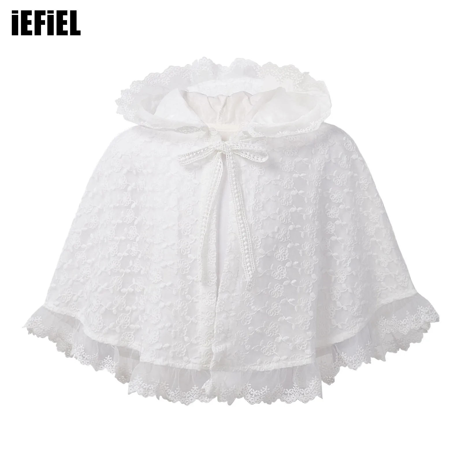 

Baby Girls Cute Floral Embroidery Ruffle Cape Hooded Floral Lace Layer Self-Tie Hoodie Cape for Photography Party