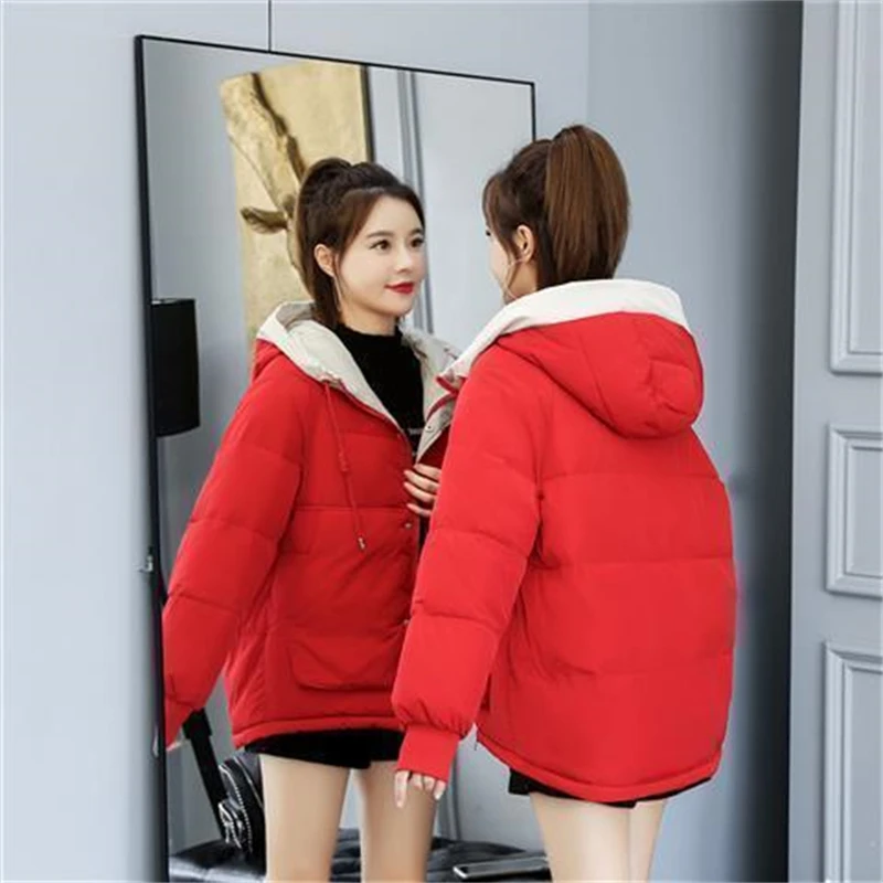 Winter Hooded Down Jacket Women 2022 New Long Sleeve Cotton-Padded Warm Loose Solid  Parkas Fashion Zipper Outwear