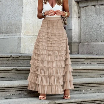 Casual Solid Women Tierred Ball Gown Skirts Tulle High Waist Pleated Long Tutu Skirt Elegant Ladies Wild Mesh Dating Maxi Skirts 1