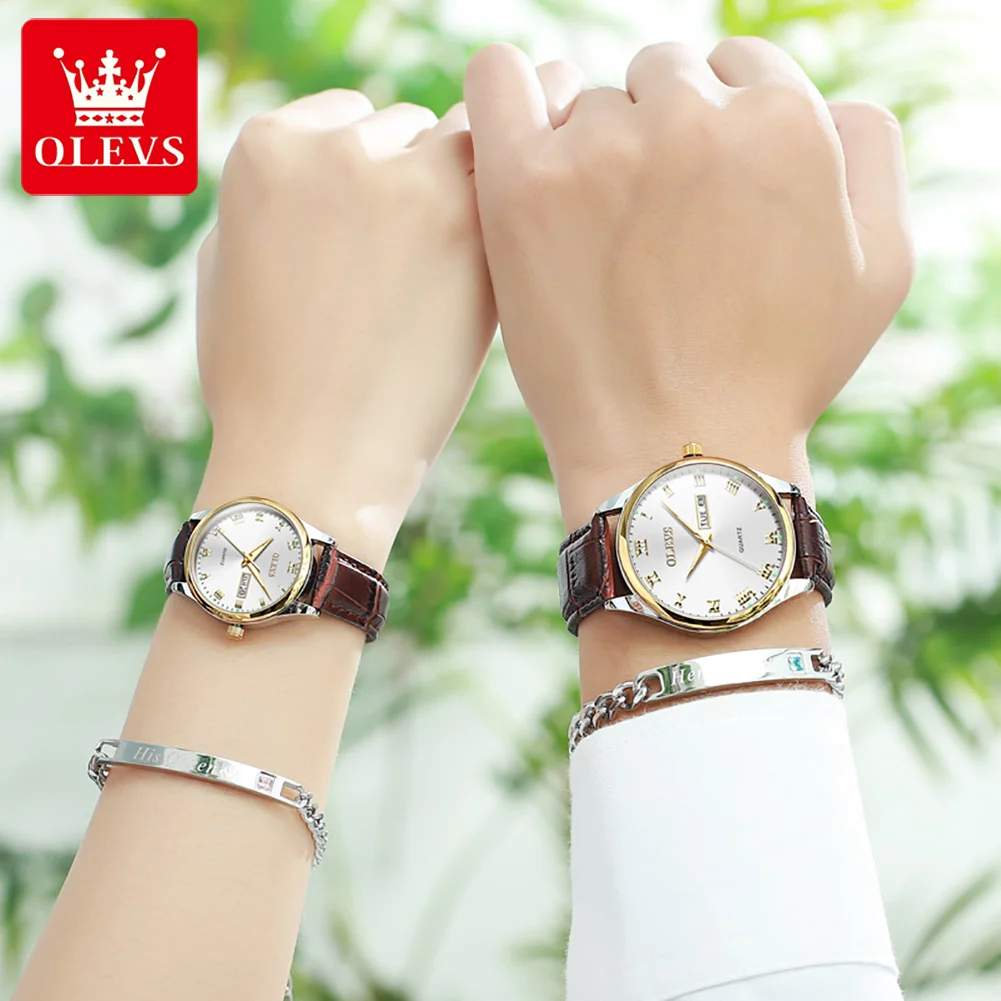OLEVS Fashion Couple Watches Gift Box Set Date Week Double Calendar Dial Waterproof HD Luminous Lover's Casual Quartz Wristwatch