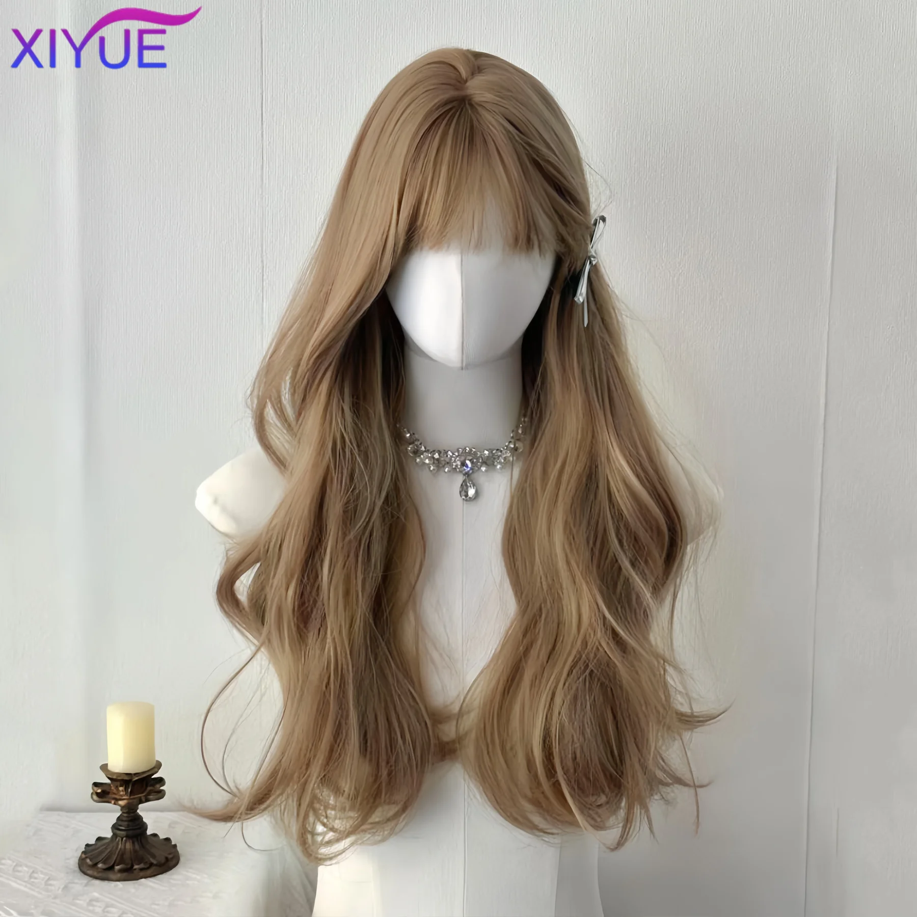 XIYUE Curly Long Wavy Black Blonde Highlights Synthetic Hybrid Wig With Fluffy Bangs Suitable For Women Daily Use