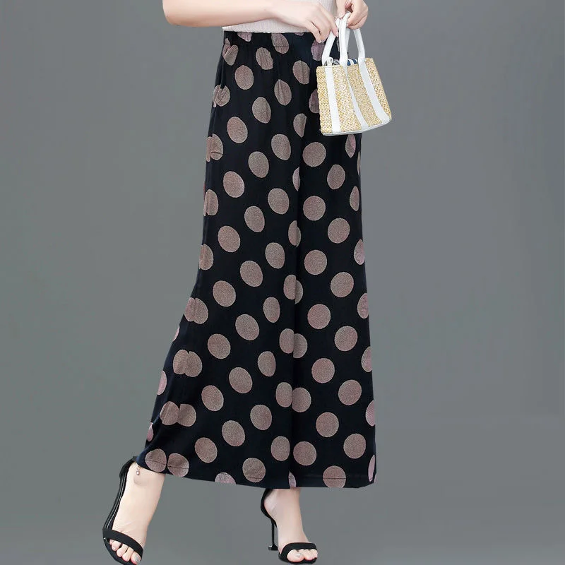

Mommy Outfit Summer New High Waist Elastic Wide Leg Pants Commuter Fashion Printed Pocket Splicing Loose Versatile Cropped Pants
