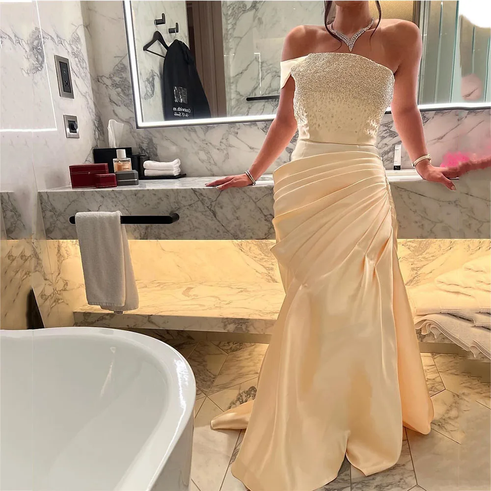 

Pleats One Shoulder Mermaid Beadings Women Evening Dresses Draped Boat Neck Short Sleeve Floor-Length Sweep Train Prom Gowns