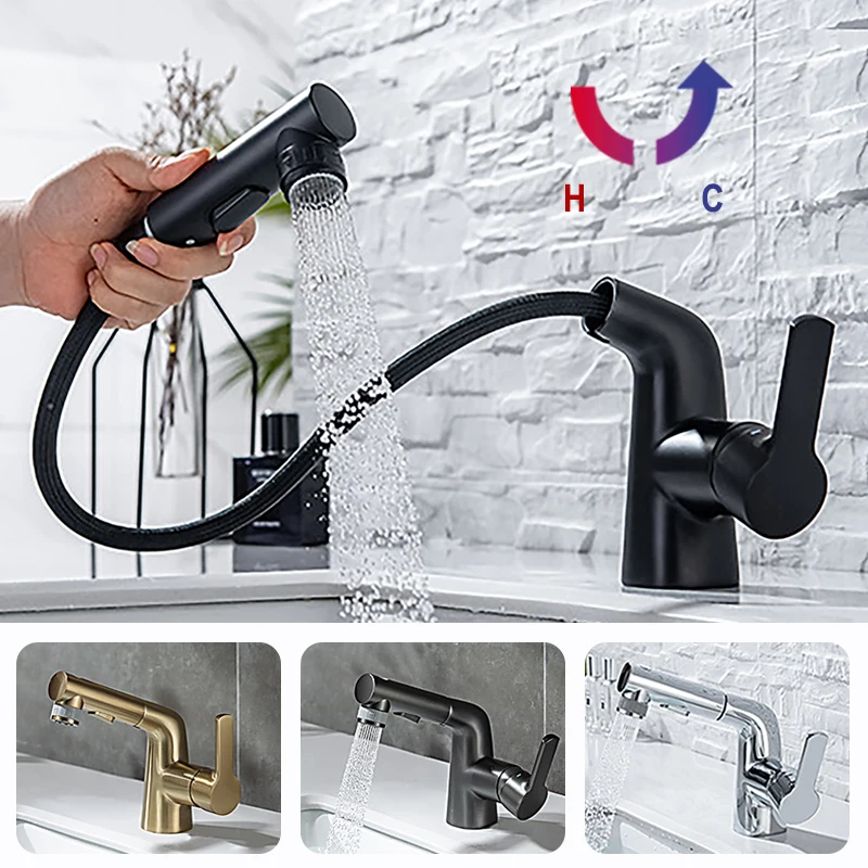 

Multifunction Gold Black Pull Out Basin Faucet Deck Mounted Free Rotate Stream Sprayer Kitchen Sink Mixer Bathroom Hot Cold Tap
