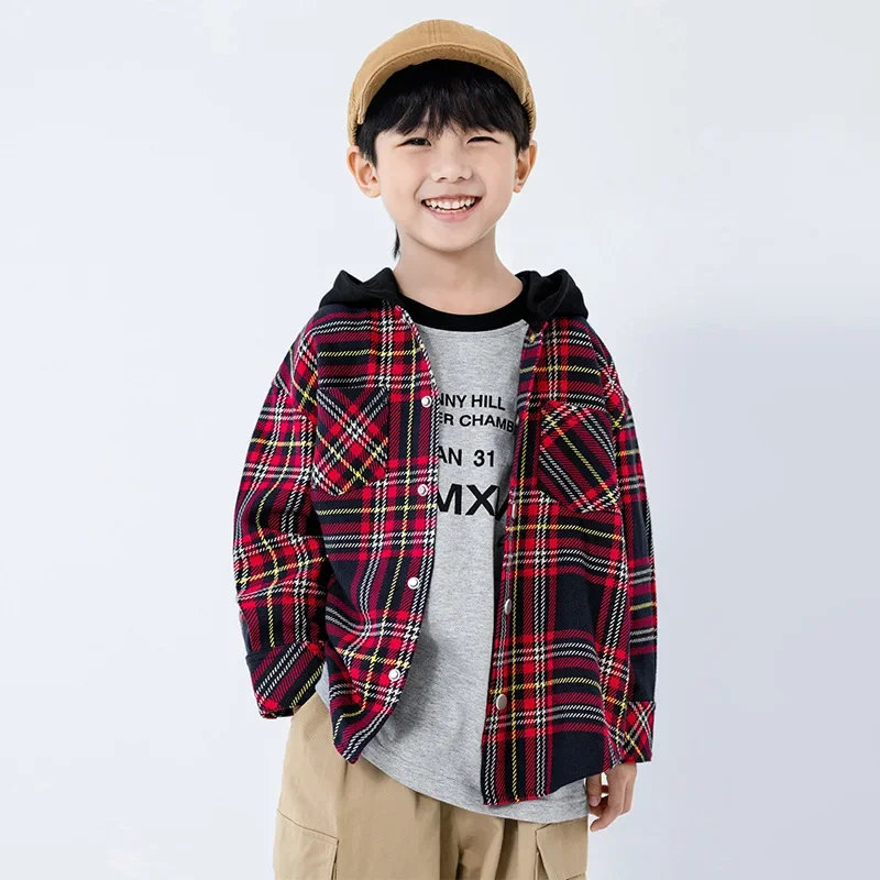 EKchildren's Wear Spring Autumn Plaid Hooded Cotton T-shirt Boys Pure Cotton Loose-Fit Unique Medium Large Children Trendy Cool