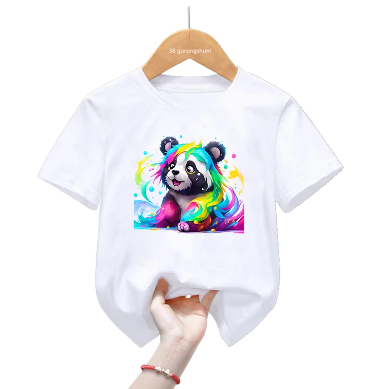 

Rainbow Panda Animal Printed T Shirt Girls Funny White Kawaii Kids Clothes Summer Fashion Short Sleeve T-Shirt