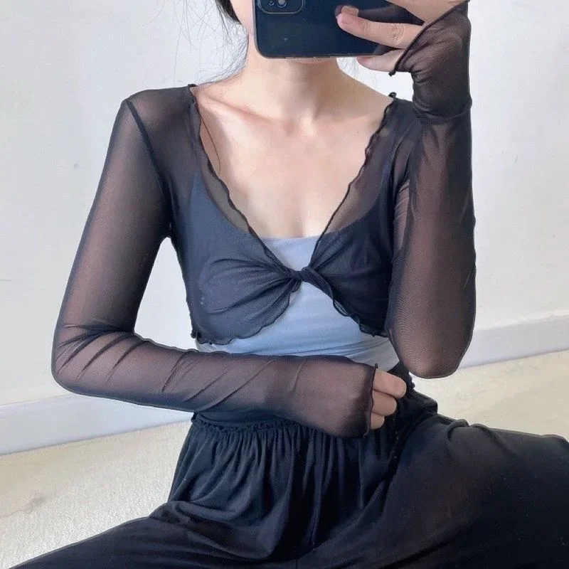 Cárdigans elegantes y sexys de moda para mujer, de color liso, transparentes, de manga larga, de malla, estilo vintage, con cordones, estilo urbano, cárdigans cortos.