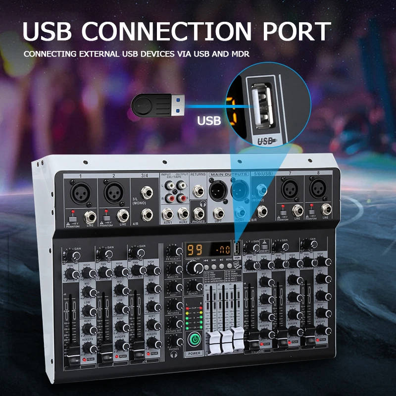KP8 오디오 믹서 8채널 99개 DSP 이펙트 레코드 PC 48V 팬텀 파워 USB 사운드 믹서 블루투스 DJ 콘솔 믹싱 (노래방용)