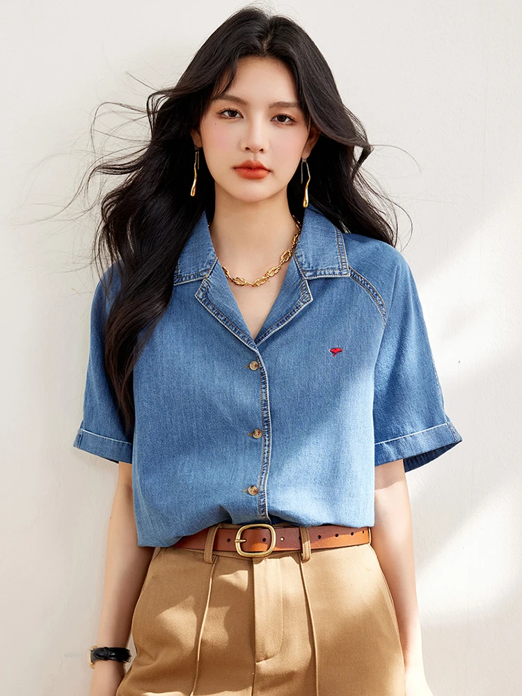 여성용 캐주얼 데님 셔츠, 빈티지 반팔, 루즈 셔츠, 한국 스타일, 싱글 브레스트 통근 상의, 2024 패션