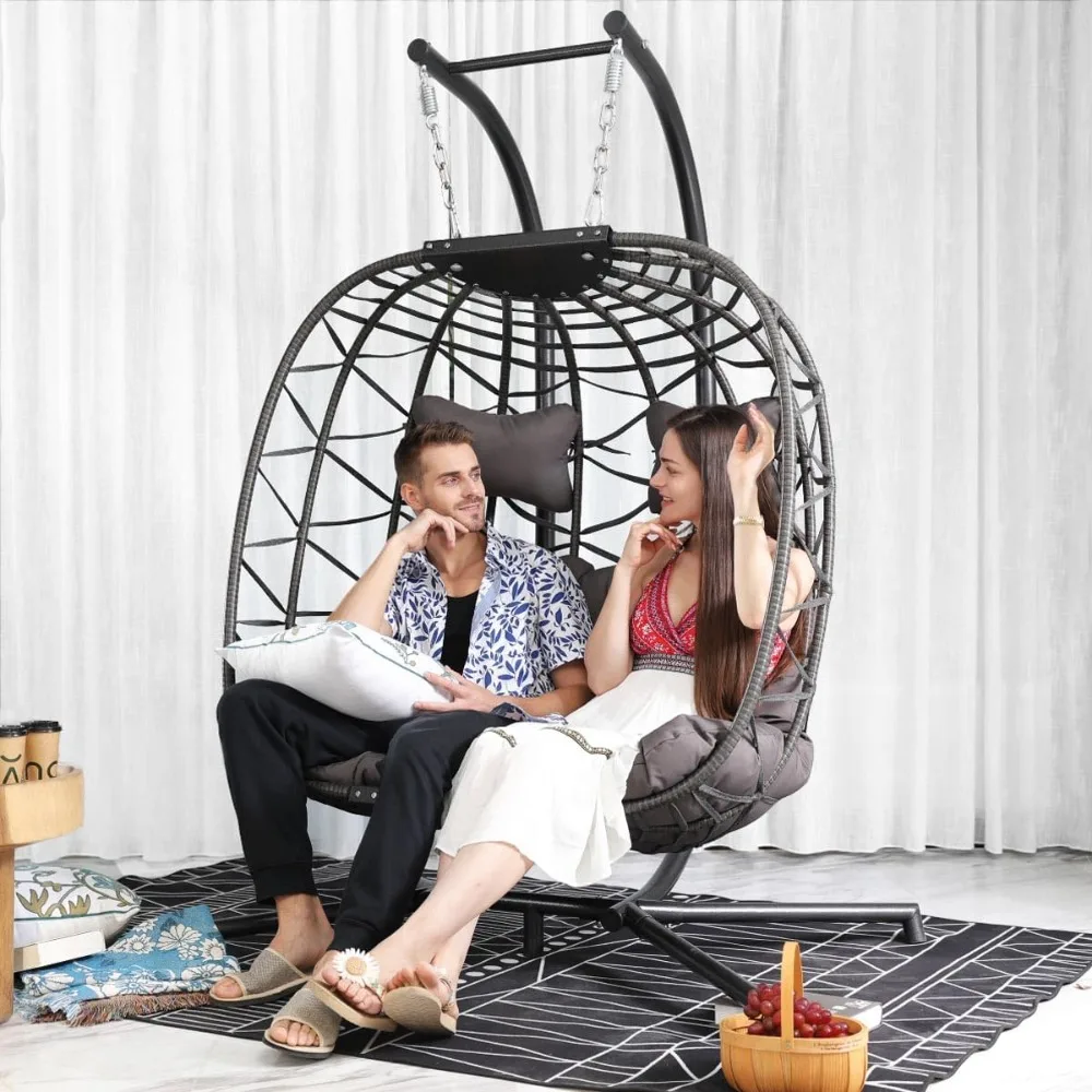 Large PE Wicker Egg Shaped Hanging Egg Chair with Stand and Thick Cushion, Indoor Outdoor. Oversized 2 Person Patio Swing Chair 2