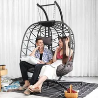 Large PE Wicker Egg Shaped Hanging Egg Chair with Stand and Thick Cushion, Indoor Outdoor. Oversized 2 Person Patio Swing Chair 2