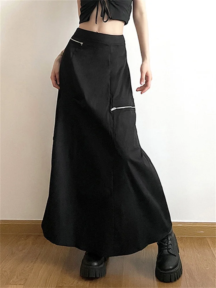 

2023 Dark Cyber Gothic Harajuku Black Long Skirts Techwear Fashion Y2k Cargo Midi Skirts Women A-line Pockets High Waist Bottoms
