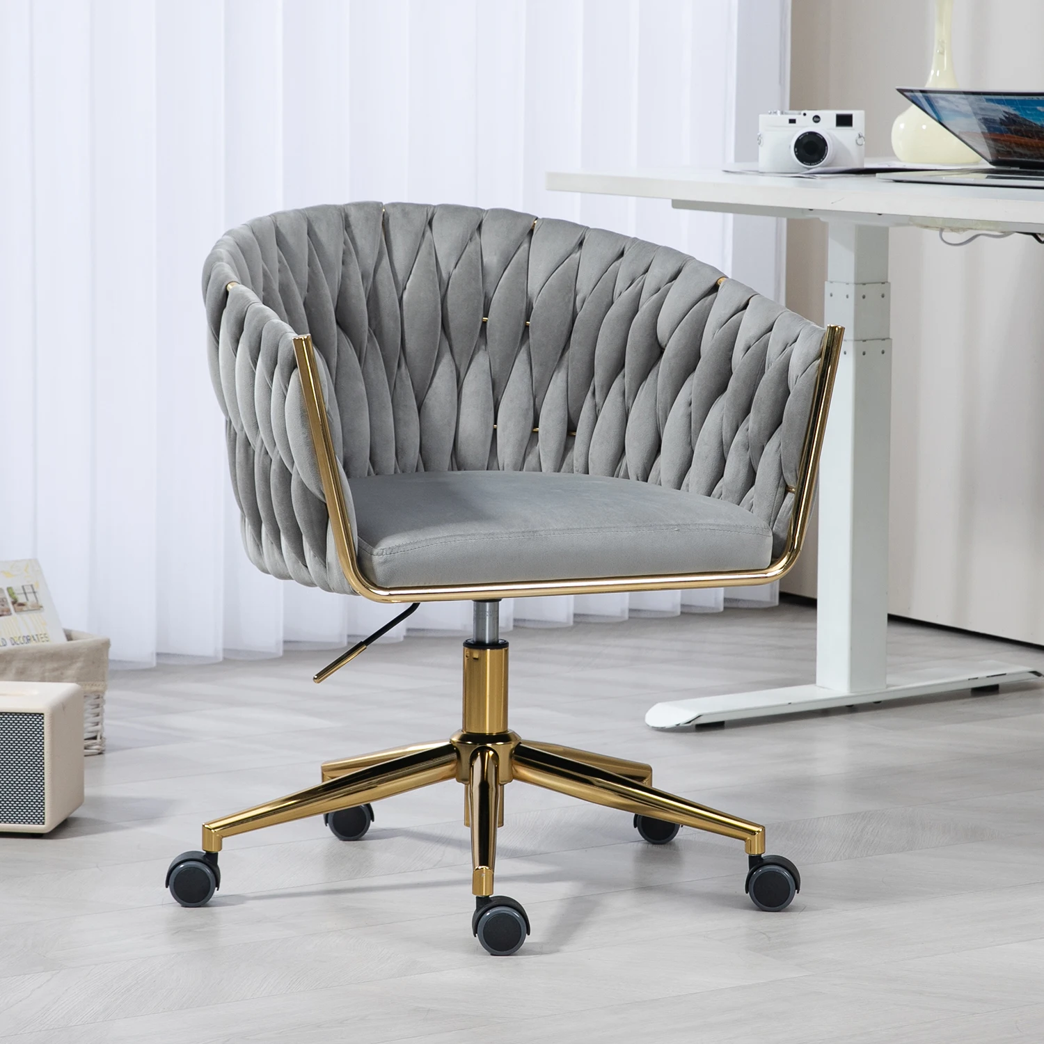 

Grey Modern Hand-Woven Office Chair with Height Adjustable Backrest and 360° Swivel Wheels for Bedroom or Living Room