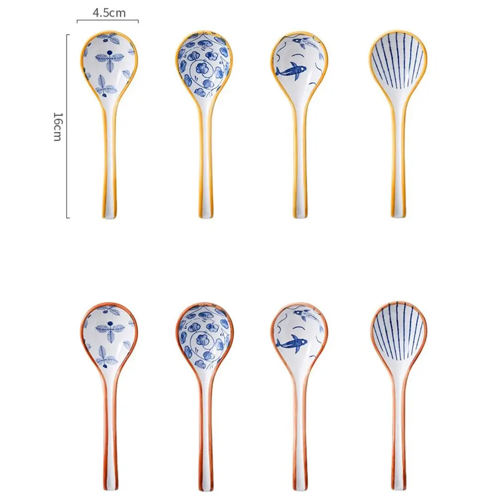 Soup Spoon Japanese Exquisite Blue Pattern Ceramic Soup Spoon Long Handle Spoon Noodle Soup Dumpling Wonton Rice Tableware