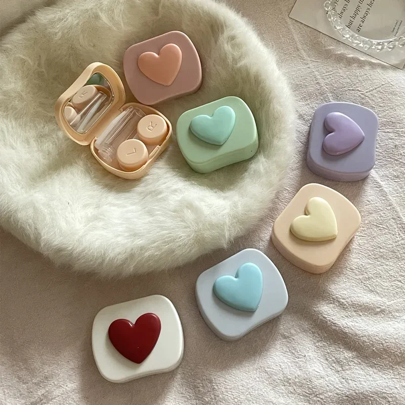 여성용 컬러 콘택트 렌즈 박스, 캔디 컬러 스퀘어 러브, 휴대용 거울 콘택트 렌즈 박스, 여행 간편한 휴대 보관 용기