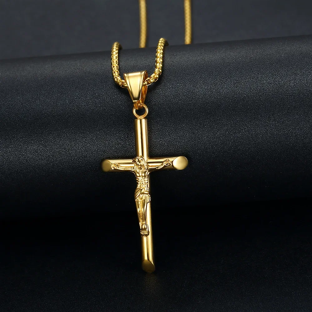 

Hip Hop Stainless Steel Jesus Cross Pendant Necklace TopBling 18K Gold Plated Religious Jewelry