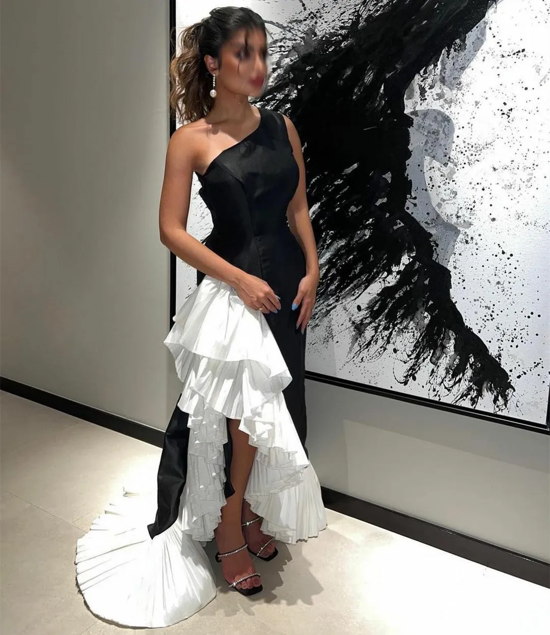 

AsaNagi Black&White Evening Dresses Asymmetrical Floor-Length One Shoulder Fashion Elegant Women Prom Dress Party Gown 2023
