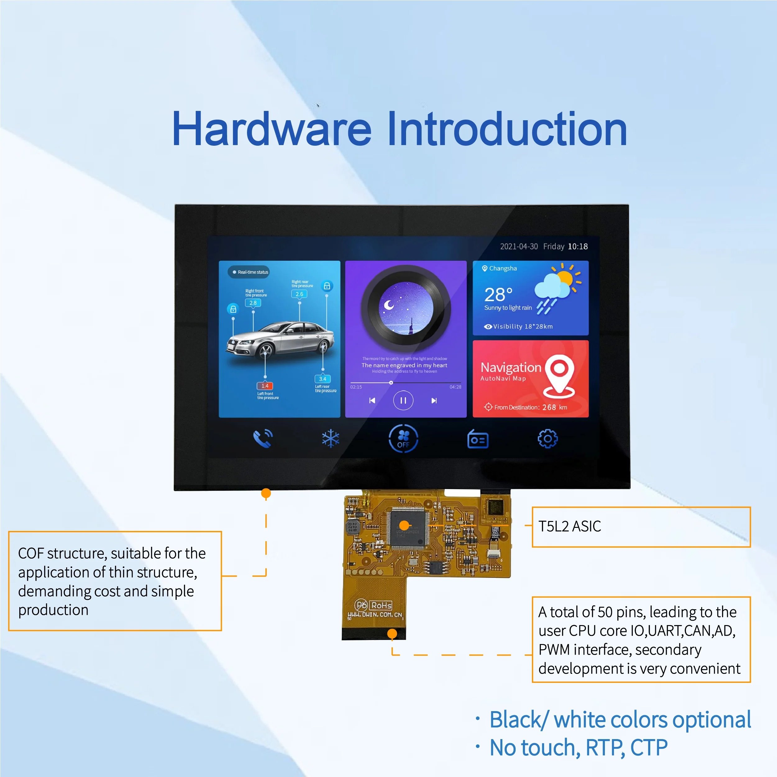 7.0 Inch, 1024*600 Pixels Resolution, 16.7M Colors, IPS-TFT-LCD ,50 Pins, Including IO, UART, CAN, AD and PWM, DMG10600F070_02W