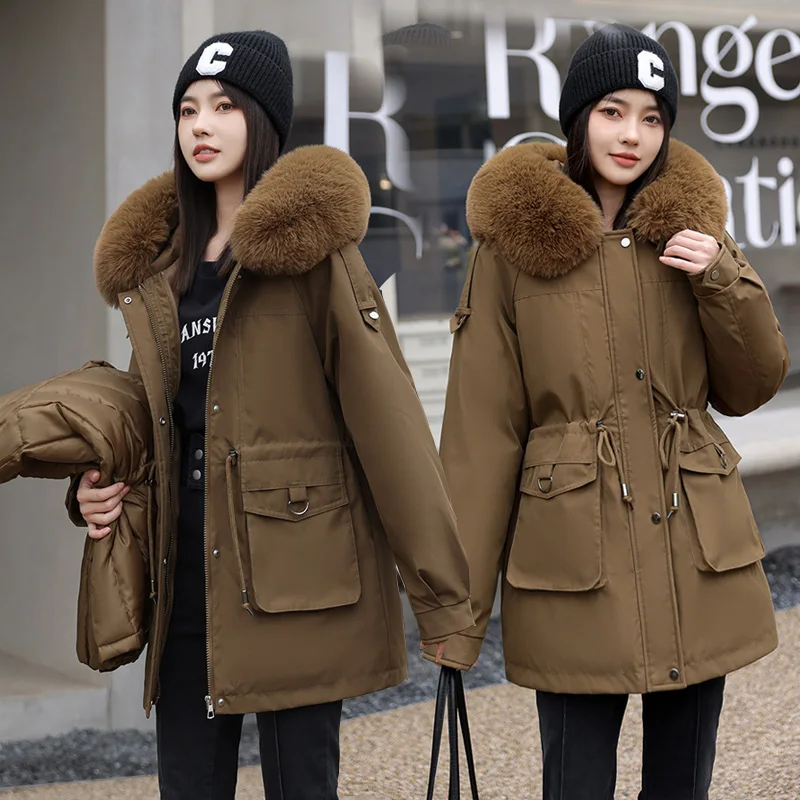 

2023 New Winter Fur Hooded Long Sleeve Jacket Women Solid Color Cotton-padded Warm Loose Parkas Coat Fashion Outwear