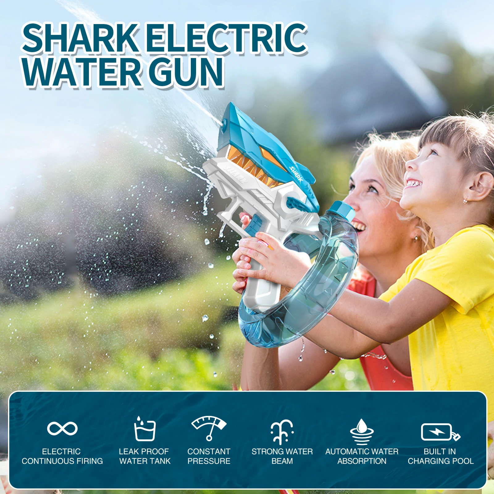 2024 New Poly Ring Electric Repeater Water Gun Toys for Children Spraying High Pressure Mechanical Shark Splash Water Festival 3