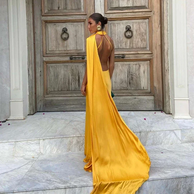 Women Satin Ribbon Halter Party Evening Dress Women Elegant Backless Off Shoulder Sleeveless Long Dresses Fashion Lady Robes