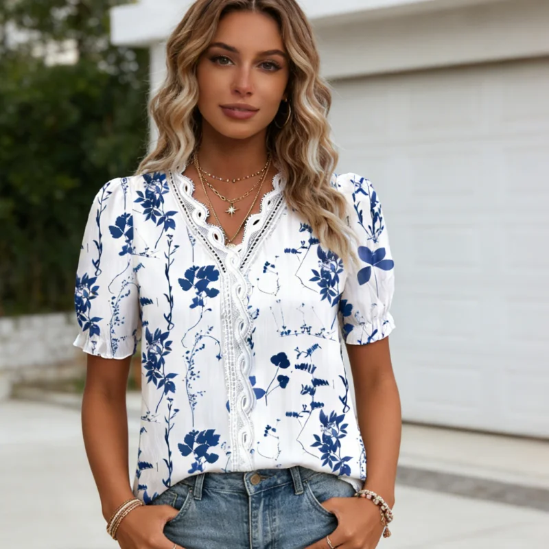 New Fashion Spring and Summer V-Neck Lace Hollow Women's Short Sleeve Printed Shirt Elegant Lace Stitching Blouse office woman