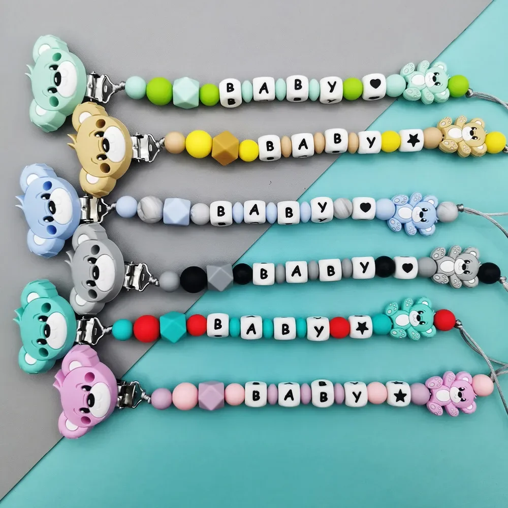 Teething Toys Silicone Letter Name Baby Bear Pacifier Clips Chains