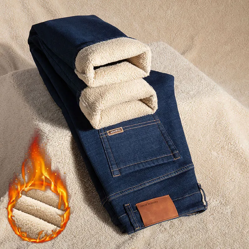 Plus Size 44 46 Casual Sherpa Warm Jeans Men Winter Velvet Thick Trousers denim pants denim trousers men trousers Loose Straight Business Classic Fleece Denim Pants
