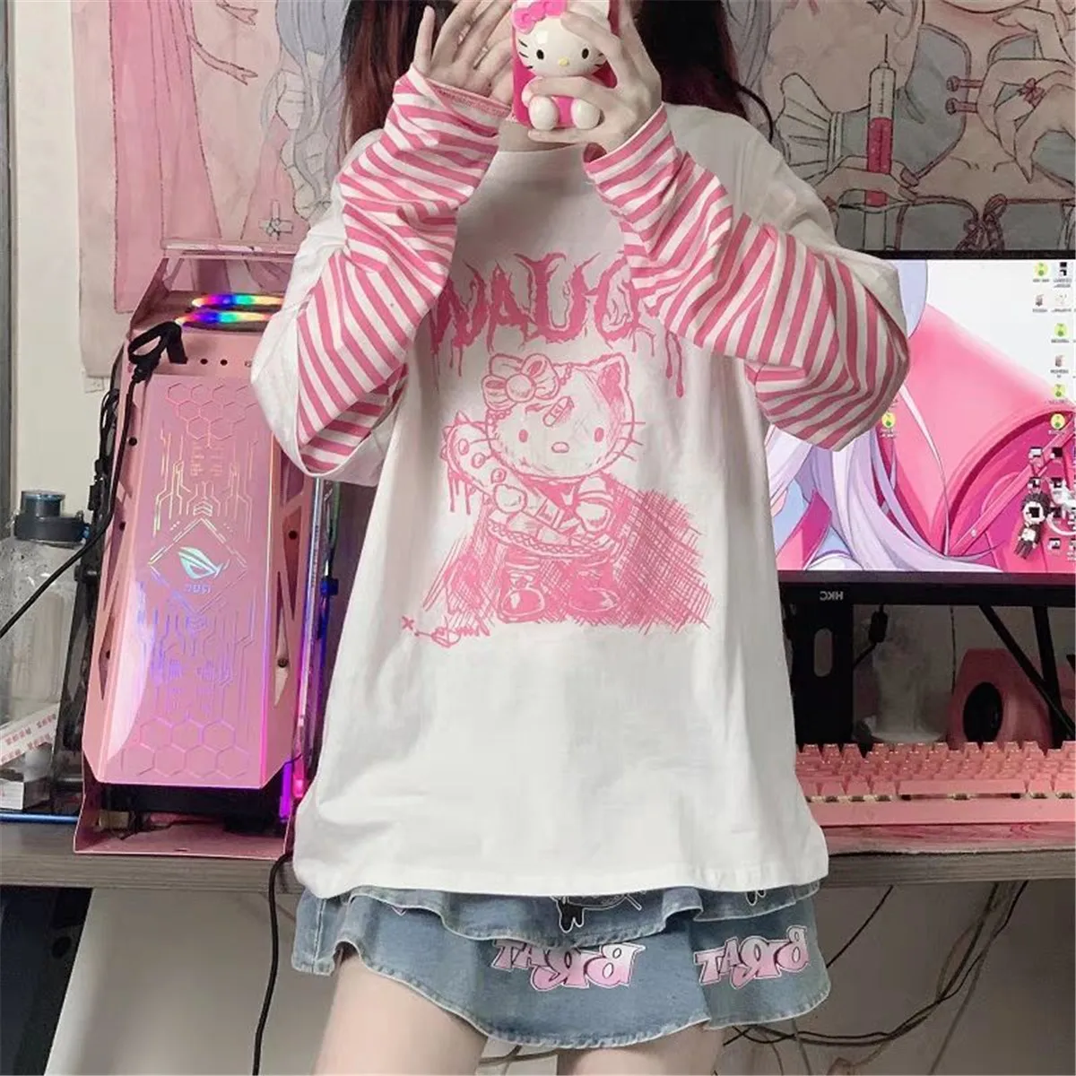 Rainbow T Shirt Women Striped Kawaii Clothes Harajuku Korean Style  Streetwear Aesthetic Long Sleeve Fall Roupas Feminina O Neck