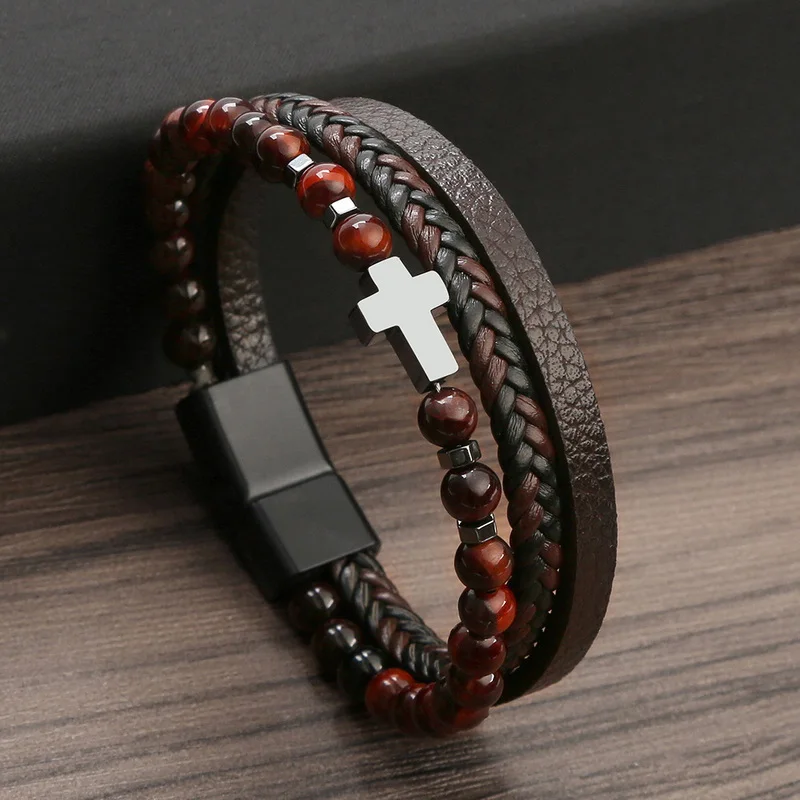 Prayer Men Natural Stone Beads Rosary Cross Bracelets Multilayer