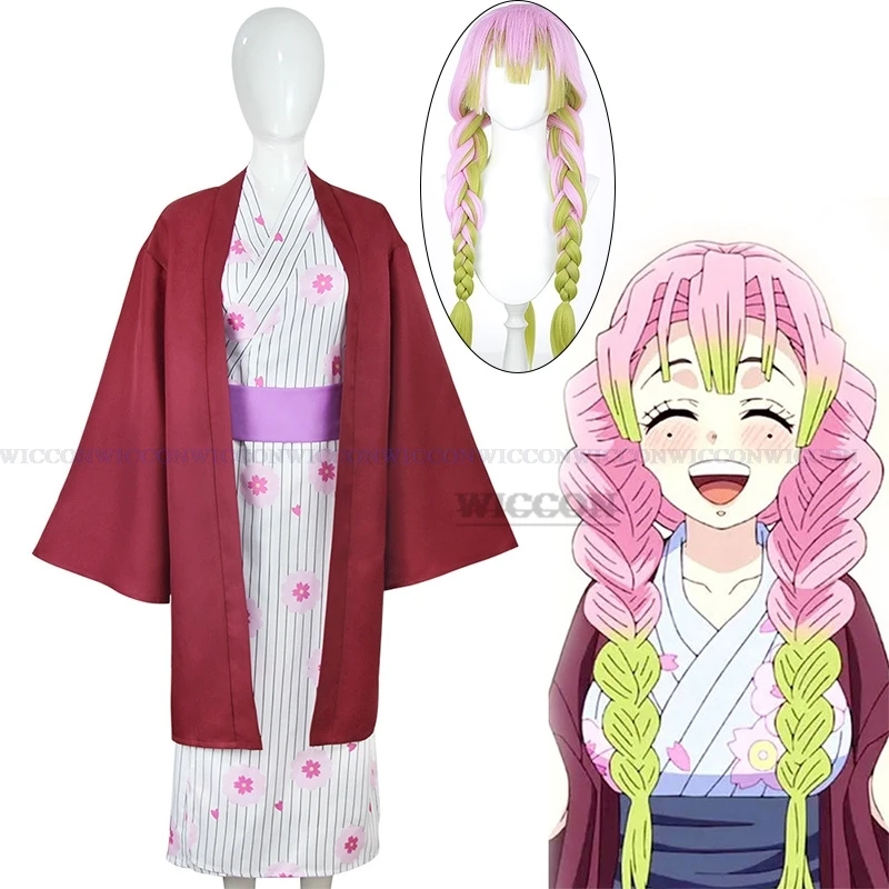 

Anime Cosplay Kanroji Mitsuri Cosplay Costume Kimono Outfits Suit Halloween Party Clothes Wig Long Green Pink Wigs role playing