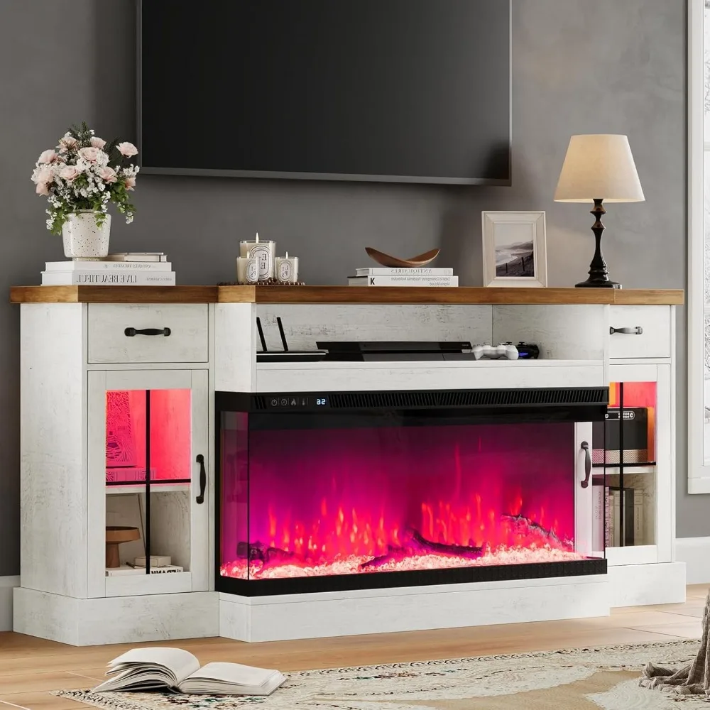 Fireplace TV Stand with 40" Electric Fireplace for 80" TV, 70" Fireplace Center with Adjustable Storage Cabinets, 2 Drawers 6