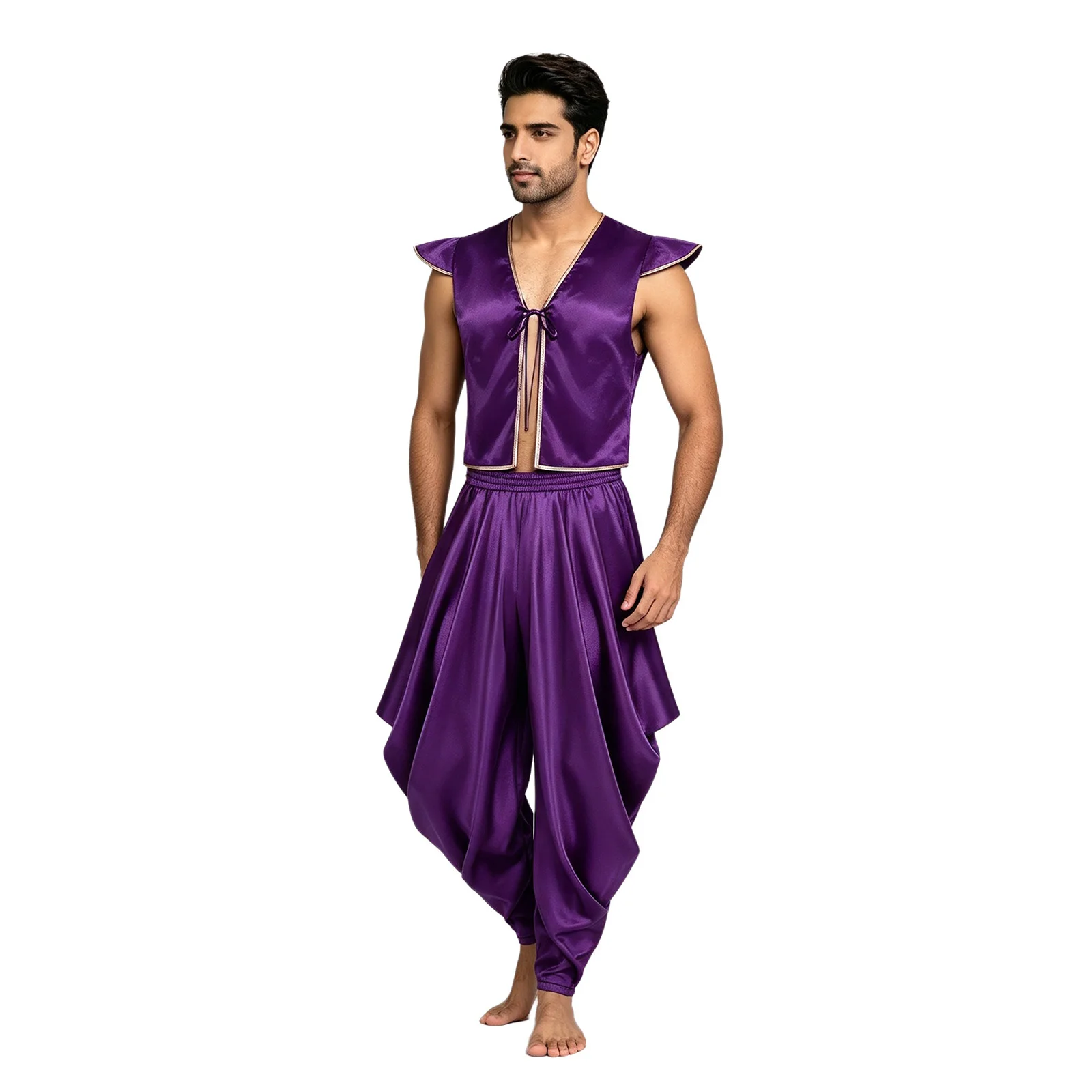 Costume di Halloween da uomo, costume da principe arabo, completo in raso, gilet aperto sul davanti con maniche a volant, canotta e pantaloni harem con elastico in vita - immagine 3