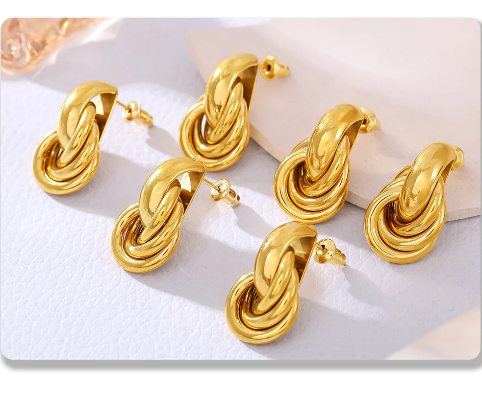 Wunderschöne Edelstahl-Ohrringe für Damen, wasserdicht, 18 Karat vergoldet, Kreise, OL, luxuriös, klobiger Ohrstecker, Schmuck, Geschenk – Detail 5
