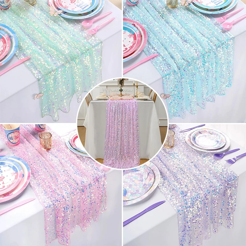 Pink Sequin Table Runner - Iridescent Sparkle Table Decor Laser Sequined Table Runner Glitter Film Tablecloth Disposable Birthday Party Tablecloth Wedding Party Banquet Decoration 5