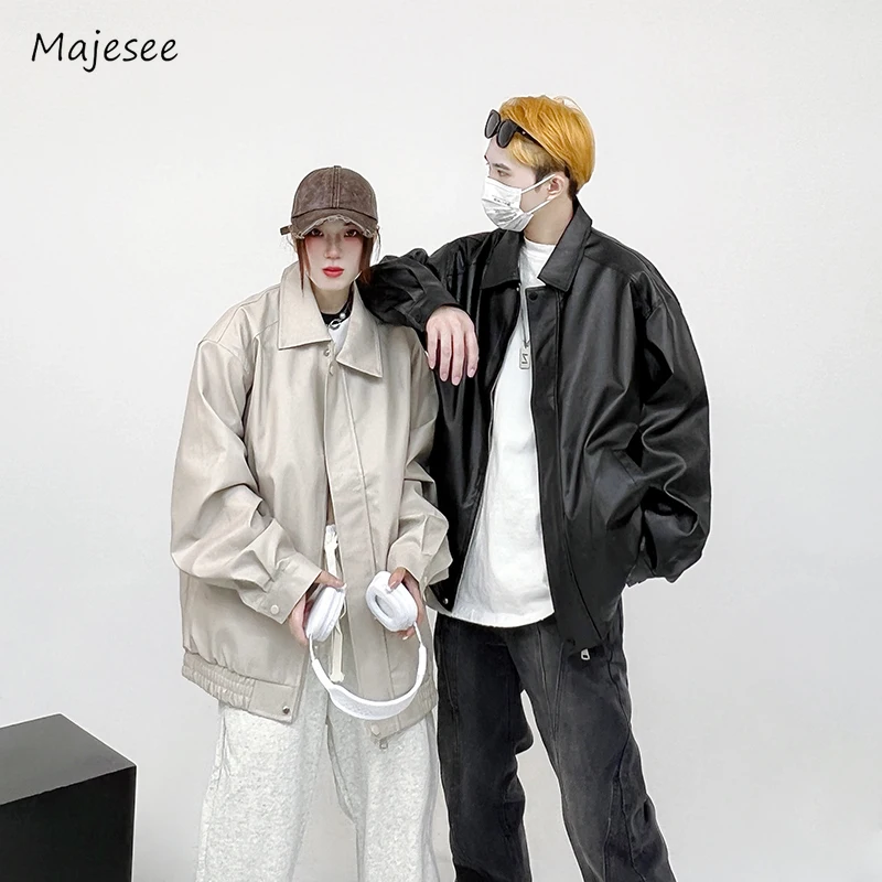 

Pu-leather Jackets Men Autumn New American Style Hip Hop Couple Overcoats Vintage All-match Minimalist Advanced Long Sleeve Chic